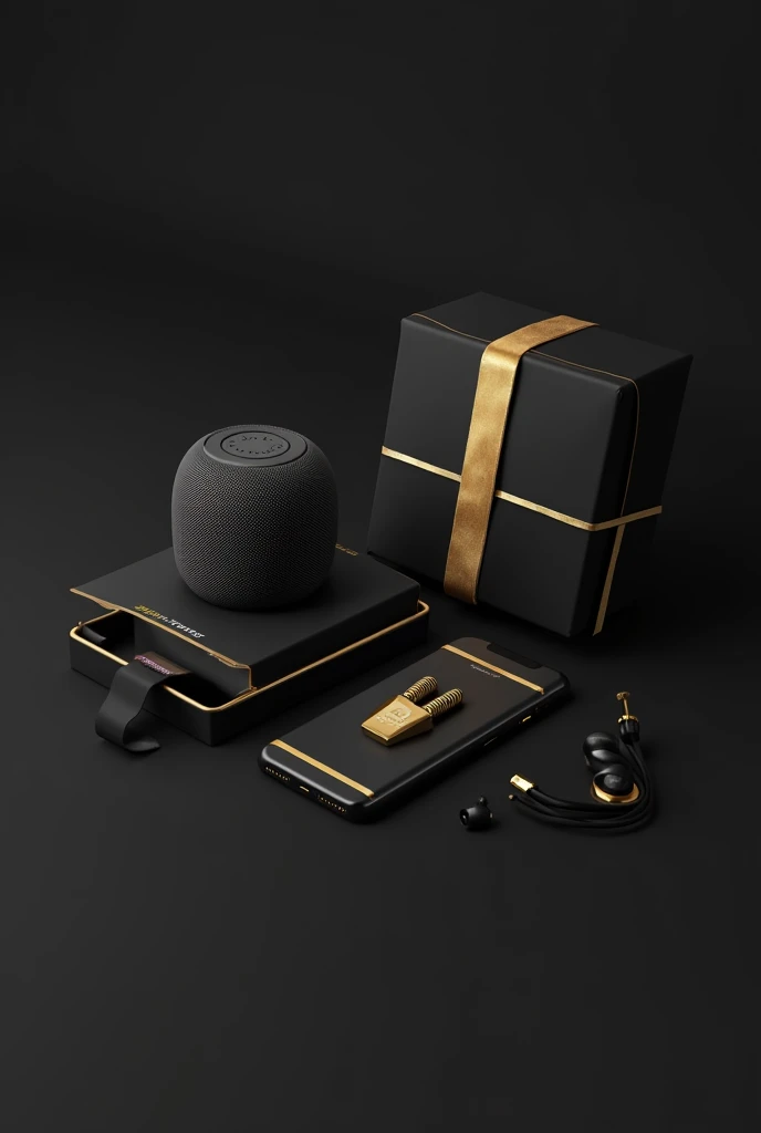 Logo for store with the name Fusion Zerotreze, coming out of a gift box, A speaker, a cell phone and a headset in black and gold 