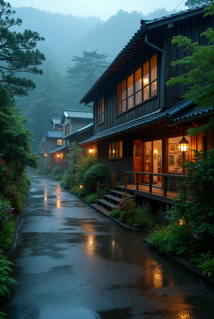 house on wet street with balcony overlooking outside in village, clear glass window, Shirakawa-go, Japan, rainy environment, (((FHD))) (((high definition))), green garden, trees, rainy day, lights, pine, night ambience, lights cozy in the rain, lush japanese landscape, japanese house, rain, fog, , ultra-fine photography, realistic, realistic, purple, red, yellow flowers