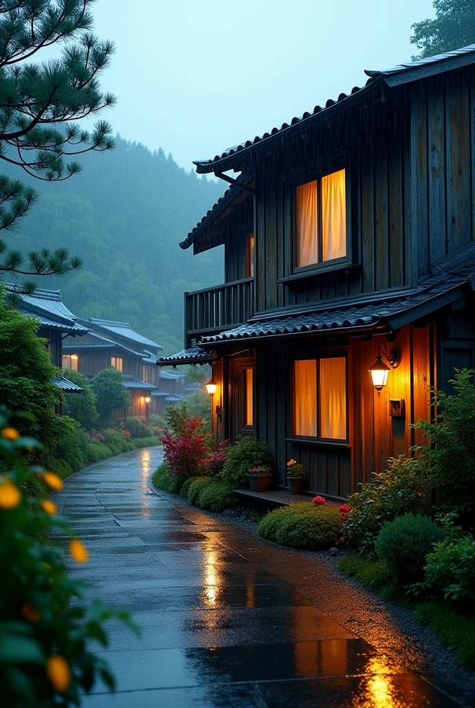 house on wet street with balcony overlooking outside in village, clear glass window, Shirakawa-go, Japan, rainy environment, (((FHD))) (((high definition))), green garden, trees, rainy day, lights, pine, night ambience, lights cozy in the rain, lush japanese landscape, japanese house, rain, fog, , ultra-fine photography, realistic, realistic, purple, red, yellow flowers