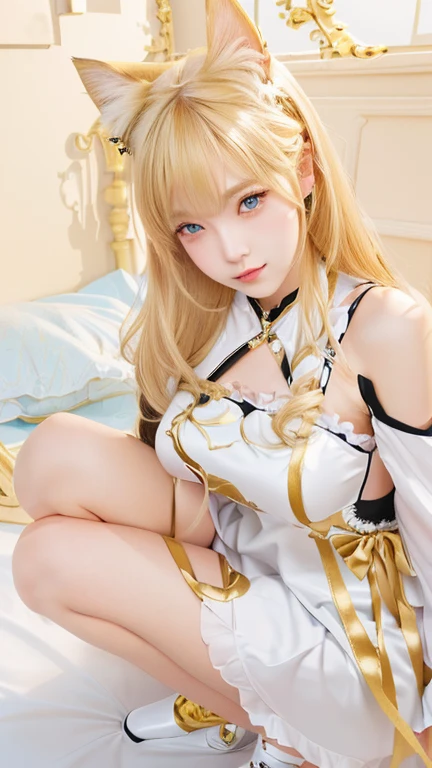  girl with long blonde hair and a cat ears sitting on a bed, seductive girl, the  girl is crouching, goddess, top rated on pixiv, clean detailed art, beautiful  girl squatting, at pixiv, | fine detail, pixiv, detailed  artwork, beautiful alluring  woman, popular on pixiv