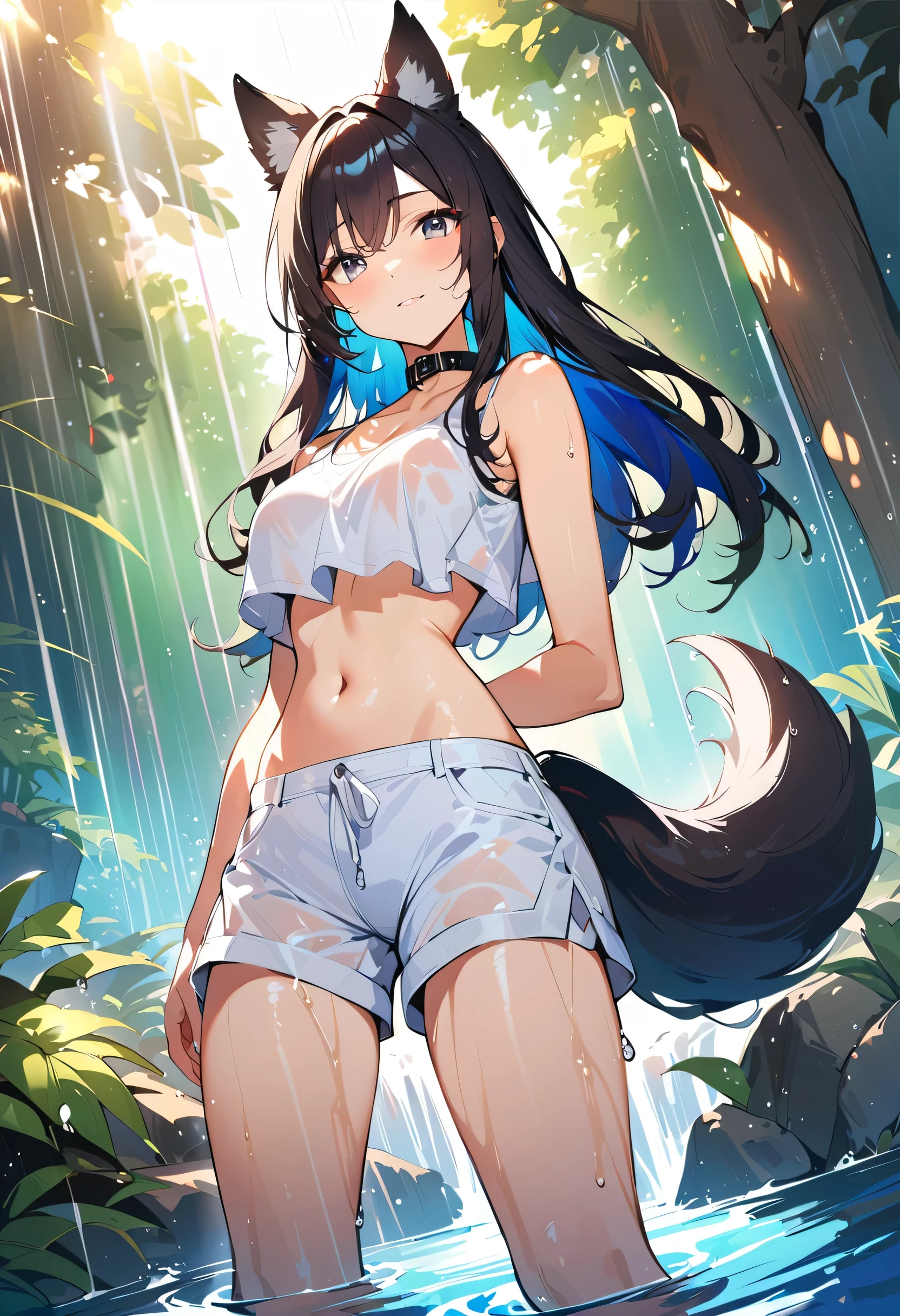 cute dog girl, nsfw, (((showering in a waterfall))), (((big oversized (white) shorts))), (((no top))), (((no shirt))), (((((hands covering breasts))))), (embarrassed expression), (((grey eyes))), (((focal point))), ((close-up full body shot)), ((dynamic angle)), (long black hair, wet and shiny), (((dripping wet body))), (dog ears), (dog tail), (dog collar), ((detailed water droplets, sunlight filtering through trees)), ((dynamic and beautiful lighting)), BREAK, masterpiece, UHD, detailed and high quality, serene atmosphere, vibrant colors, flowing water, detailed background, joyful mood, intricate details, natural beauty
