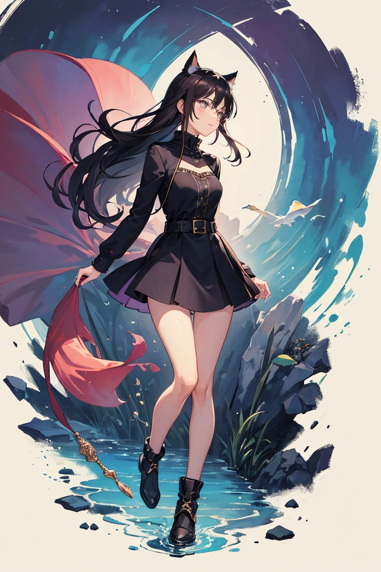Full body, a cat woman with freckles, dark brown eyes, and an upturned nose, she is happy, she has long wavy black hair, wearing aviator sunglasses with clear lenses in a soft watercolor style. The girl's clothes must be in pink, purple, and blue in celebration of the bisexual, with stains of ink and watercolor mixing and filling the scene. There should be a subtle, nuanced change in colors using the impasto technique with gouache paint. There should be a light rain in the watercolor painting with a little watercolor paper texture and a pastel background.