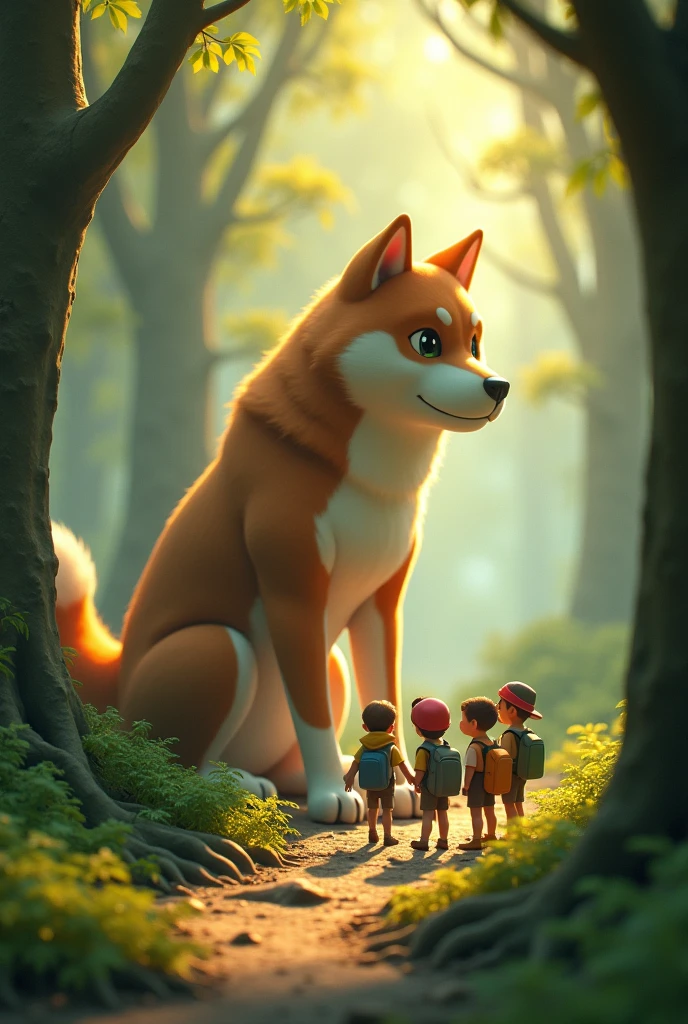 1. style: "3D Rendering", "Fantasy Illustration", "Ghibli style"

2. scene: "mysteriousな森", "Foggy forest"

3. character: 
   - "Huge cute Shiba Inu" Interesting々Expressions: Listening intently - "Five little adventurers with backpacks"whisper something. illumination: "Fantastic Light", "wood々Light coming in from between"

5. tone: "暖かなtone", "Green and gold contrast"

6. details: 
   - "苔むしたwoodの根"
   - "Fern plants"
   - "Forest Path"

7. composition: "Tiny adventurers versus giant animals"

8. atmosphere: "mysterious", "Inspire your sense of adventure", "Fantasy"

9. texture: "Soft coat", "Bark detail"

10. time zone: "In the morning haze" or "At dusk"
