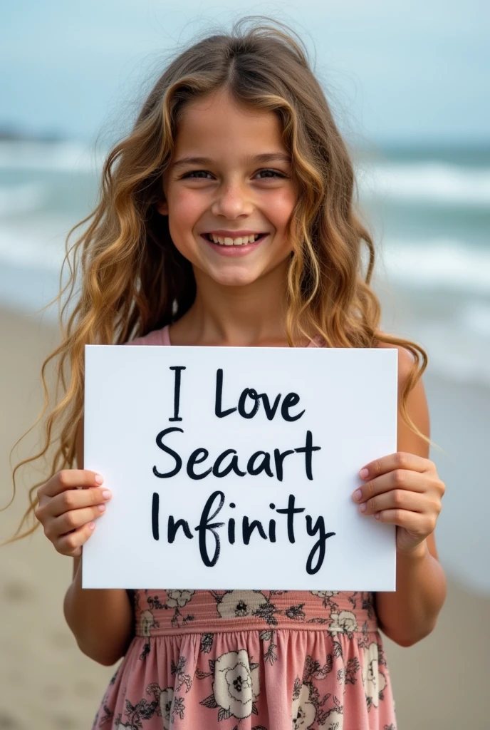 Beautiful girl with wavy long hair, bohemian dress, holding a white board with text "I Love Seaart Infinity" and showing it to the viewer