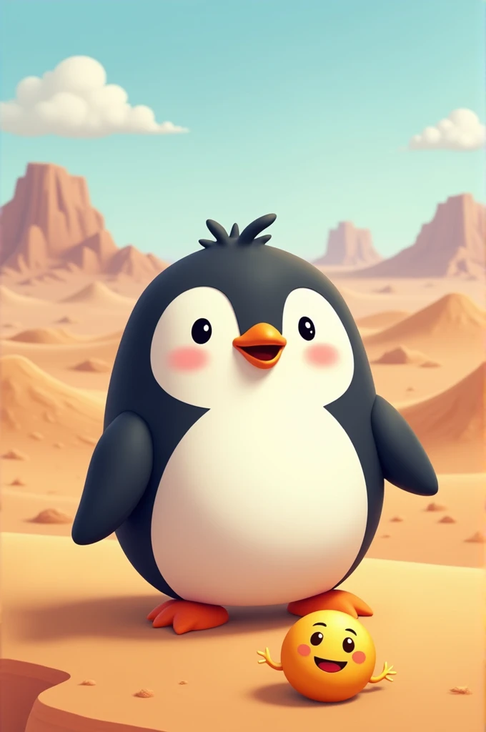 Create a cartoon penguin in the desert eating an emoji