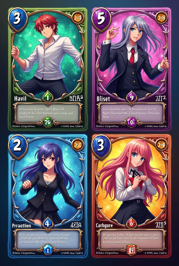 Create an image containing four cards for an anime card game. Each letter must have the following layout:
Character Image: In the center of the letter, include a detailed and colorful illustration of the anime character. The character must have a striking look and be in a dynamic pose..
Character's Name: At the top of the letter, add a space for the character's name in a stylized font that matches the anime theme.
stats:
Attack: In the upper left corner, insert a box or icon for the character's attack value.
defense: In the bottom left corner, put a box or icon for the defense value.
life: In the bottom right corner, include a box or icon for lifetime value.
Special ability:
Skill Name: Na parte superior direita, add a box or section for the special skill name.
Skill description: Below the skill name, insert a space for a brief description of the special ability.
Design and Style: Make sure each card design is cohesive and aesthetically pleasing., matching the anime style. Use colors and graphic elements that complement the character illustration.
The four cards must be arranged in an organized manner in the image., allowing each one to be clearly visible and distinct. The result should be an attractive and functional composition for an anime card game..