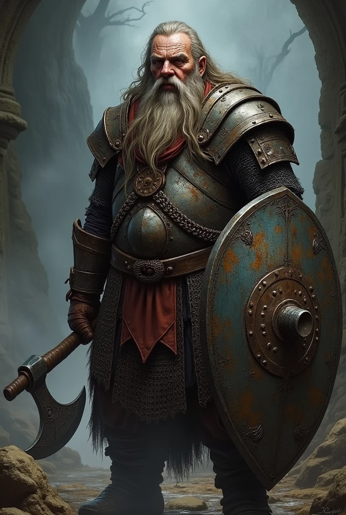 A gloomy, grim fantasy dwarf in full chain armour, (no rust), middle aged man, with long beard and long hair, which are braided and decorated with iron rings, holds a battle axe in one hand and an iron shield in the other