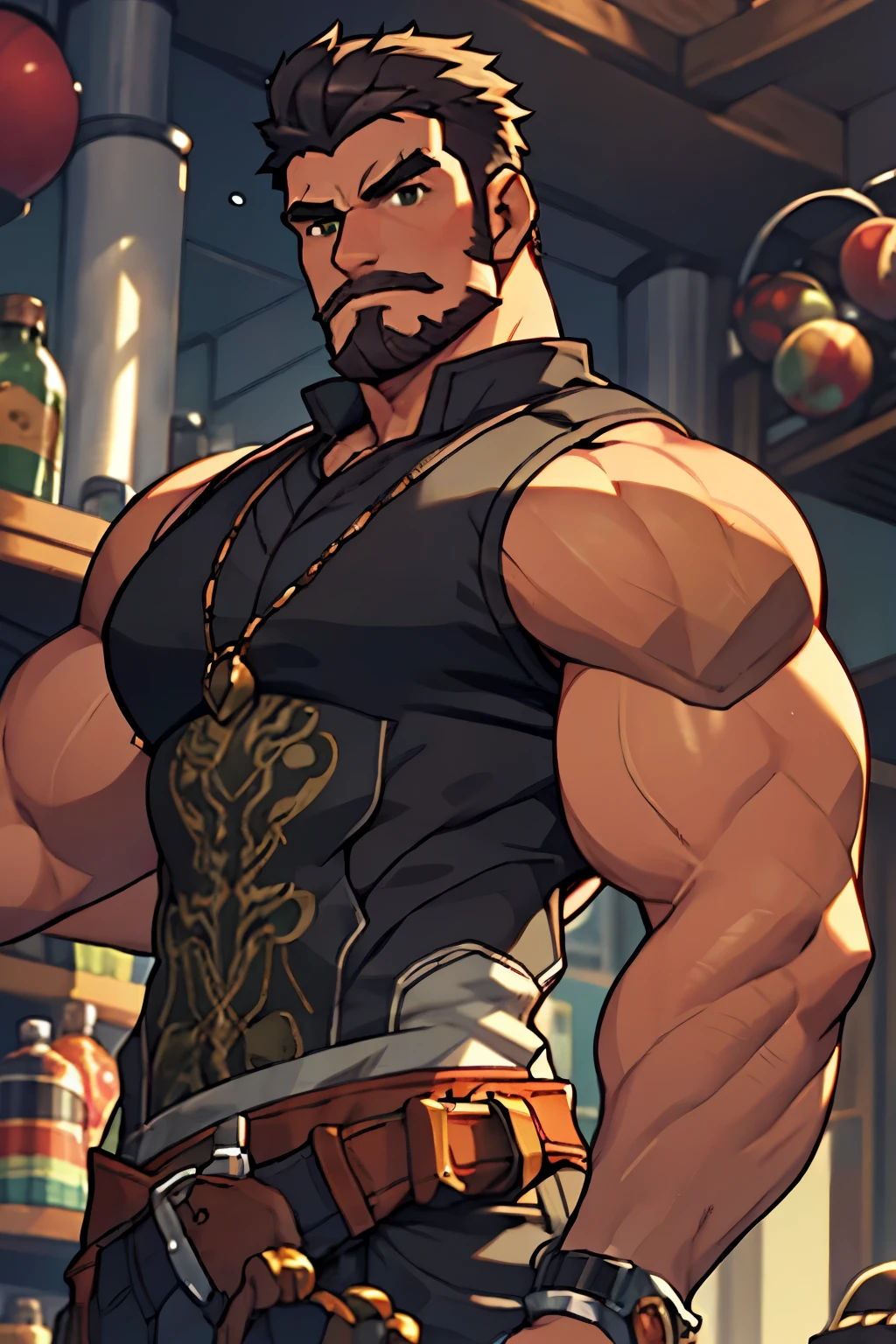 Large fantasy kingdom in the background, gabrielreyes, old mature muscular male, black hair, very short hair, Faux hawk hairstyle, Faux hawk, ((black beard))), ((stubble beard)), ((stubble))), black skin, tanned skin, black, green eyes, bright eyes, 3, bara, muscular male, large shoulders, thick muscles, big muscles, huge arms, huge body, tall, Piece, athlete, bare biceps, social shirt, black shirt, golden rnaments, black clothes, golden ornaments on the clothes, Mystical clothes, Golden details on the shirt, (((neutral pose:1.0))), elsword style social shirt, sleeveless social shirt, sleeveless, ((arms exposed)), Neutral face, cowboy shot, high resolution:1.2, best quality, master part, daylight, Reflection of lens, upper body shot