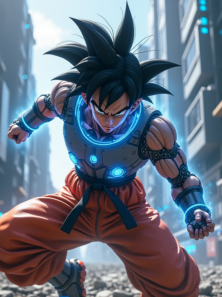 Goku as a futuristic cyborg. He wears technologically advanced battle armor with bright blue energy panels and mechanical limbs with visible circuits and LEDs. His black hair is highlighted with strands of pulsating energy that change color. He wears an adaptive nano-fiber suit and is in the midst of a battle against androids in a futuristic environment. The scene includes high-tech buildings and futuristic cityscapes, with light effects and holograms in the background. The image should capture the fusion of martial arts with advanced technology and the intensity of the battle."