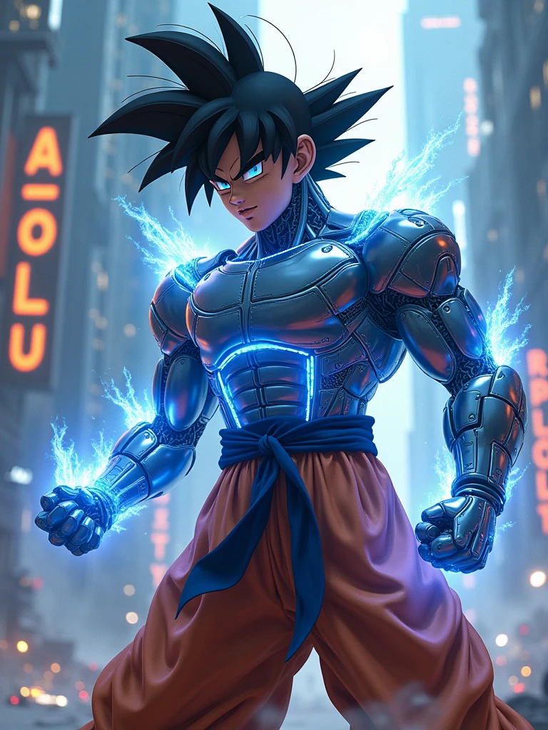 Goku as a futuristic cyborg. He wears technologically advanced battle armor with bright blue energy panels and mechanical limbs with visible circuits and LEDs. His black hair is highlighted with strands of pulsating energy that change color. He wears an adaptive nano-fiber suit and is in the midst of a battle against androids in a futuristic environment. The scene includes high-tech buildings and futuristic cityscapes, with light effects and holograms in the background. The image should capture the fusion of martial arts with advanced technology and the intensity of the battle."