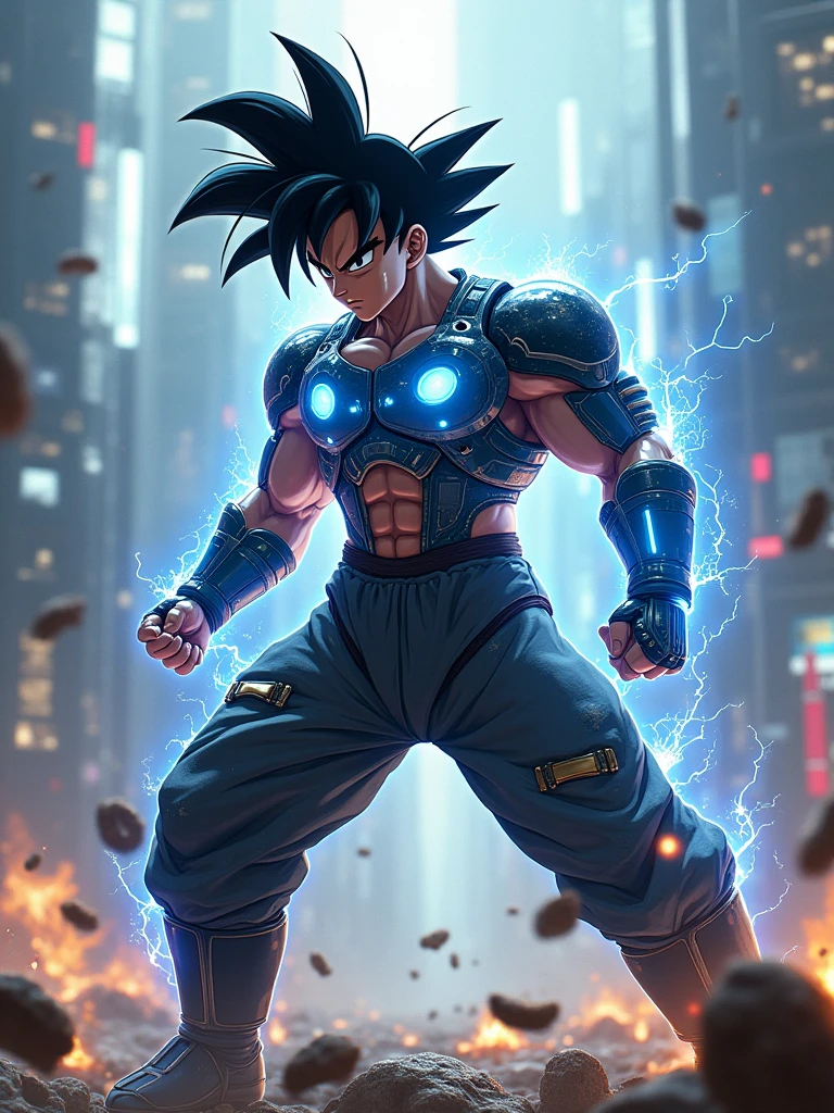 Goku as a futuristic cyborg. He wears technologically advanced battle armor with bright blue energy panels and mechanical limbs with visible circuits and LEDs. His black hair is highlighted with strands of pulsating energy that change color. He wears an adaptive nano-fiber suit and is in the midst of a battle against androids in a futuristic environment. The scene includes high-tech buildings and futuristic cityscapes, with light effects and holograms in the background. The image should capture the fusion of martial arts with advanced technology and the intensity of the battle."