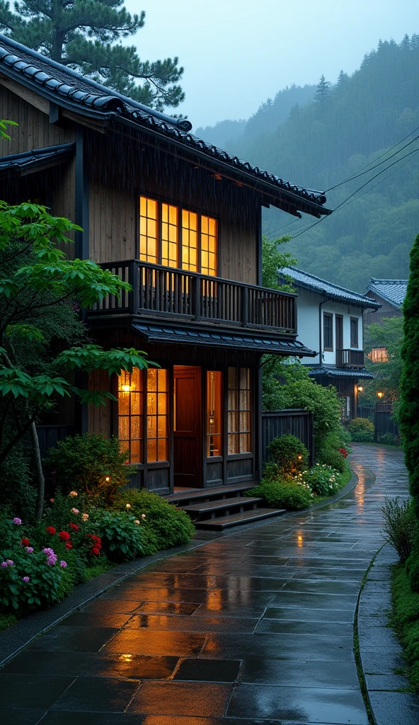  house on wet street with balcony overlooking outside in village, clear glass window, Shirakawa-go, Japan, rainy environment, (((FHD))) (((high definition))), green garden, trees, rainy day, lights, pine, night ambience,  lights cozy in the rain, lush japanese landscape, japanese house, rain, fog, , ultra-fine photography, realistic, realistic, purple, red, yellow flowers