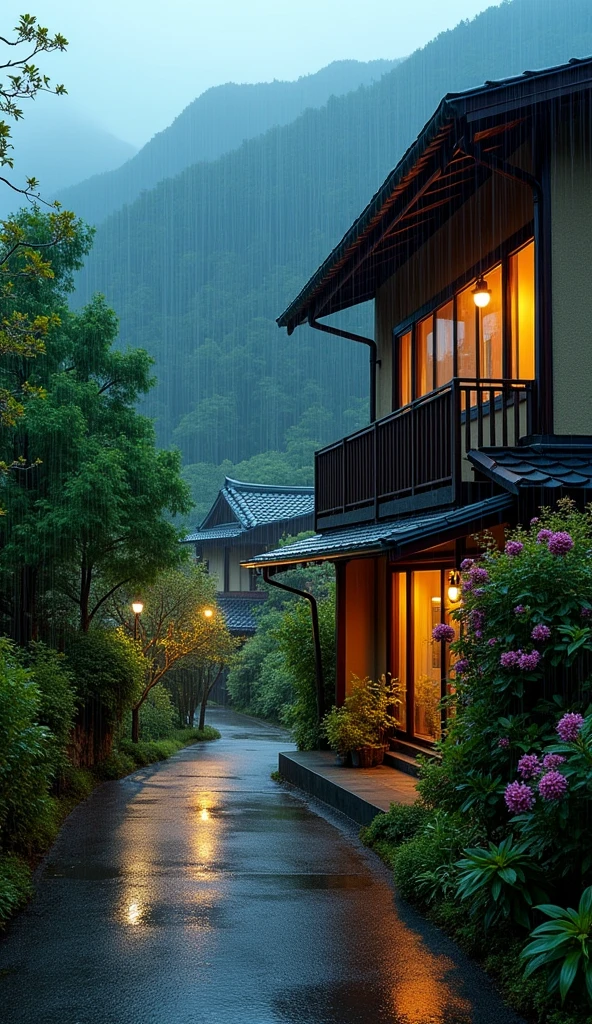  house on wet street with balcony overlooking outside in village, clear glass window, Shirakawa-go, Japan, rainy environment, (((FHD))) (((high definition))), green garden, trees, rainy day, lights, pine, night ambience,  lights cozy in the rain, lush japanese landscape, japanese house, rain, fog, , ultra-fine photography, realistic, realistic, purple, red, yellow flowers