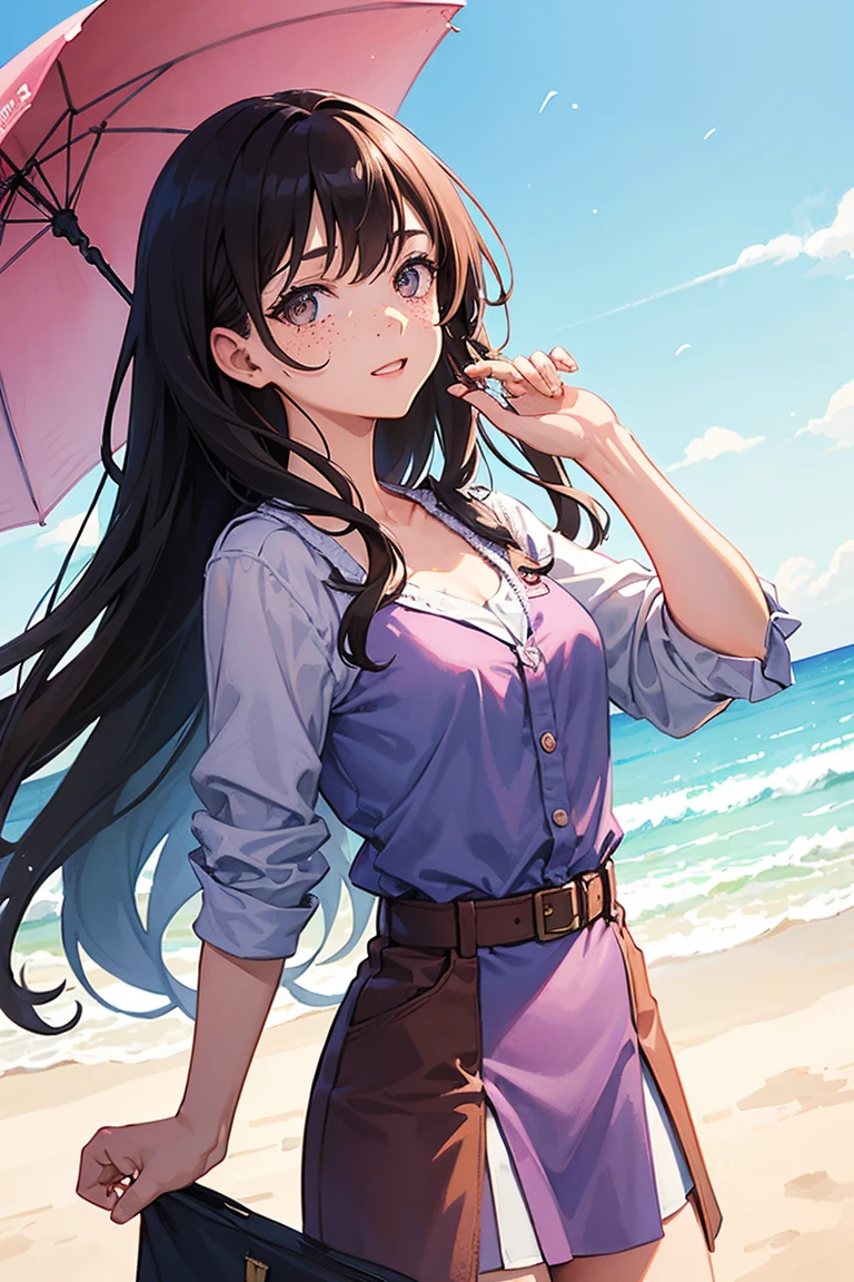 a woman with freckles, dark brown eyes, and an upturned nose, she is happy, she has long wavy black hair, wearing aviator sunglasses with clear lenses in a soft watercolor style. The girl's clothes must be in pink, purple, and blue in celebration of the bisexual, with stains of ink and watercolor mixing and filling the scene. There should be a subtle, nuanced change in colors using the impasto technique with gouache paint. There should be a light rain in the watercolor painting with a little watercolor paper texture and a pastel background.