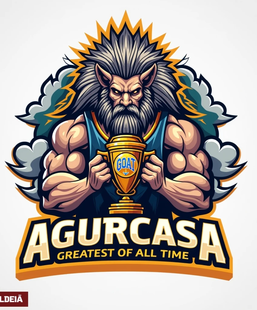 Create a sports logo with the name ALDEIA featuring a mascot of the thunder god Tupã holding a trophy that says goat inside.