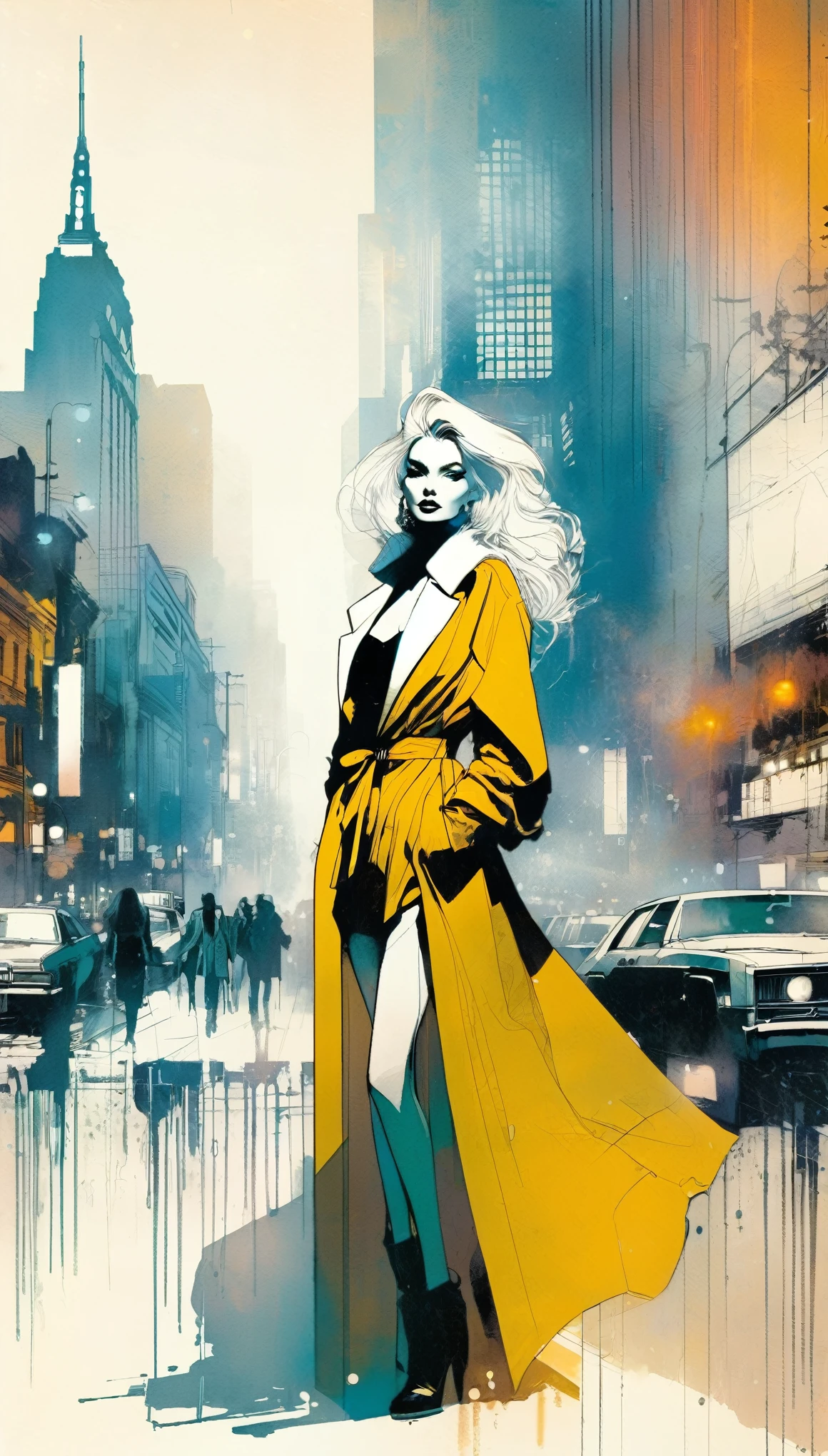 in style of Bill Sienkiewicz,
city landscape background,1girl,leaning_to_the_side,fashion and gorgeous costumes