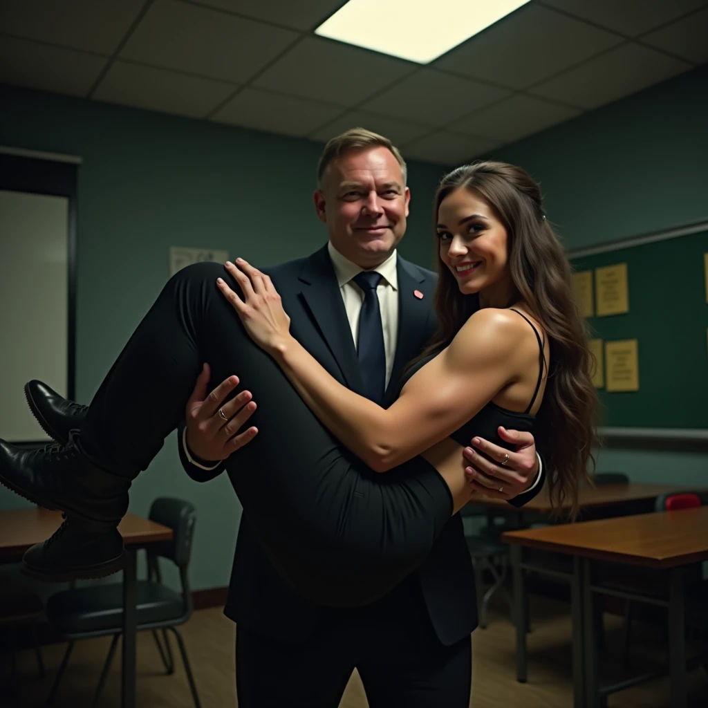 A strong young athletic age woman, muscular arms, lifting and carrying an older man in business attire, classroom background, coy smile, sleeveless top, short skirt, photorealistic, 8k, hyperdetailed, dramatic lighting, cinematic composition, powerful, dynamic, chiaroscuro, sophisticated, elegant, masterpiece