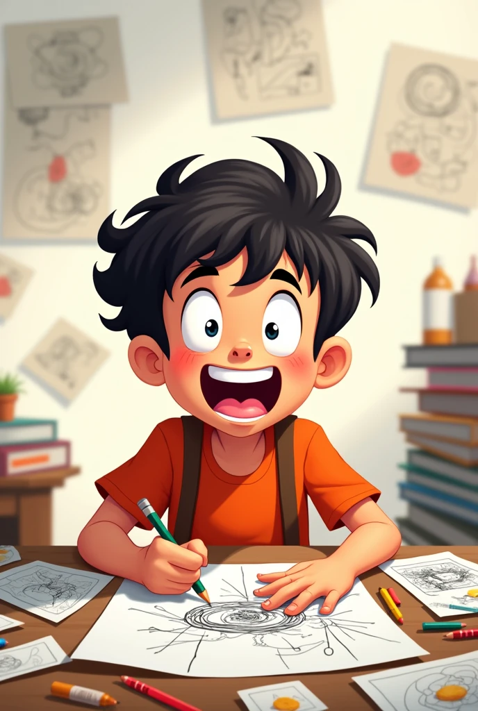  Please can you make me a cartoon of a boy who is drawing with enthusiasm, with papers scattered on the table. His face shows joy and determination