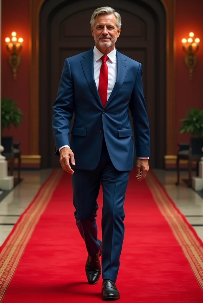A 6 man on a blue suit and red tie , walking from his office along the pathway which has a red carpet