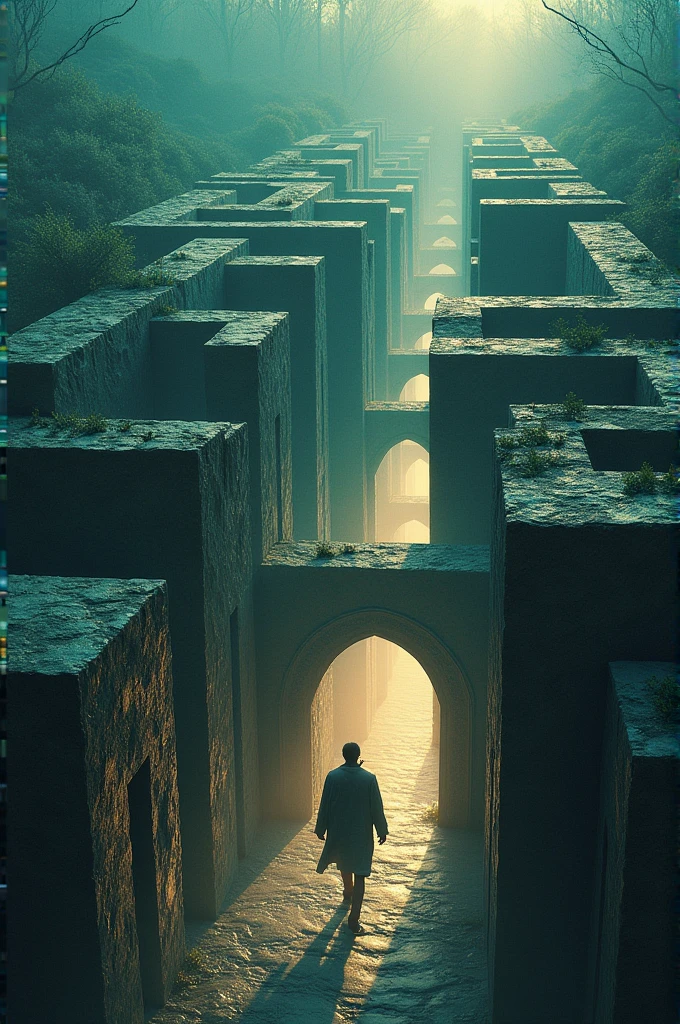 Maze, different cenarios, same person doubled, doors