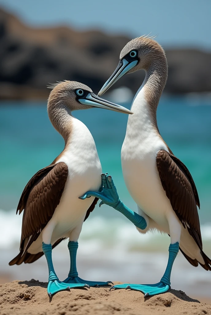 Blue-footed booby courting female in Galapagos 


