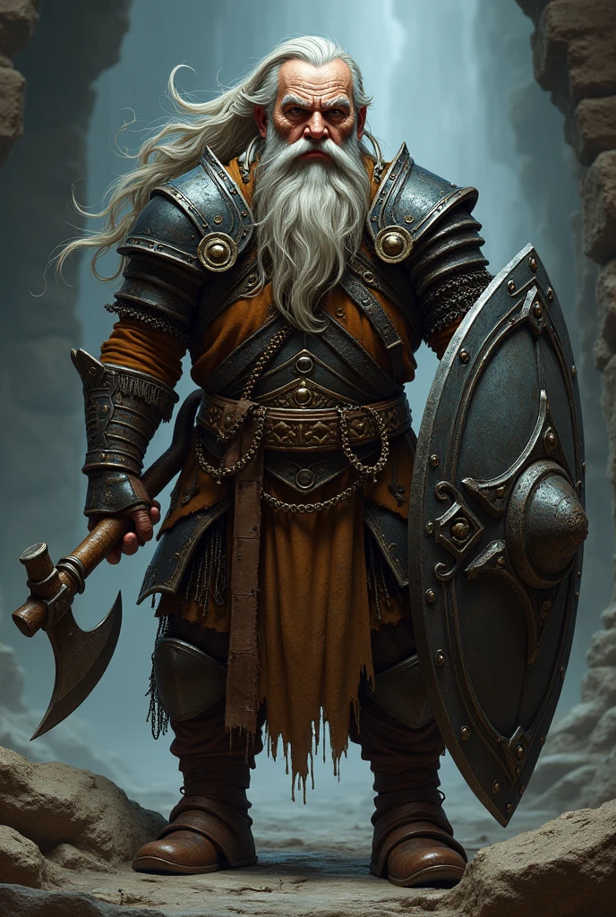 A gloomy, grim fantasy dwarf in full chain armour, (no rust), middle aged man, with long beard and long hair, which are braided and decorated with iron rings, holds a battle axe in one hand and an iron shield in the other