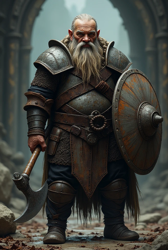 A gloomy, grim fantasy dwarf in full chain armour, (no rust), middle aged man, with long beard and long hair, which are braided and decorated with iron rings, holds a battle axe in one hand and an iron shield in the other
