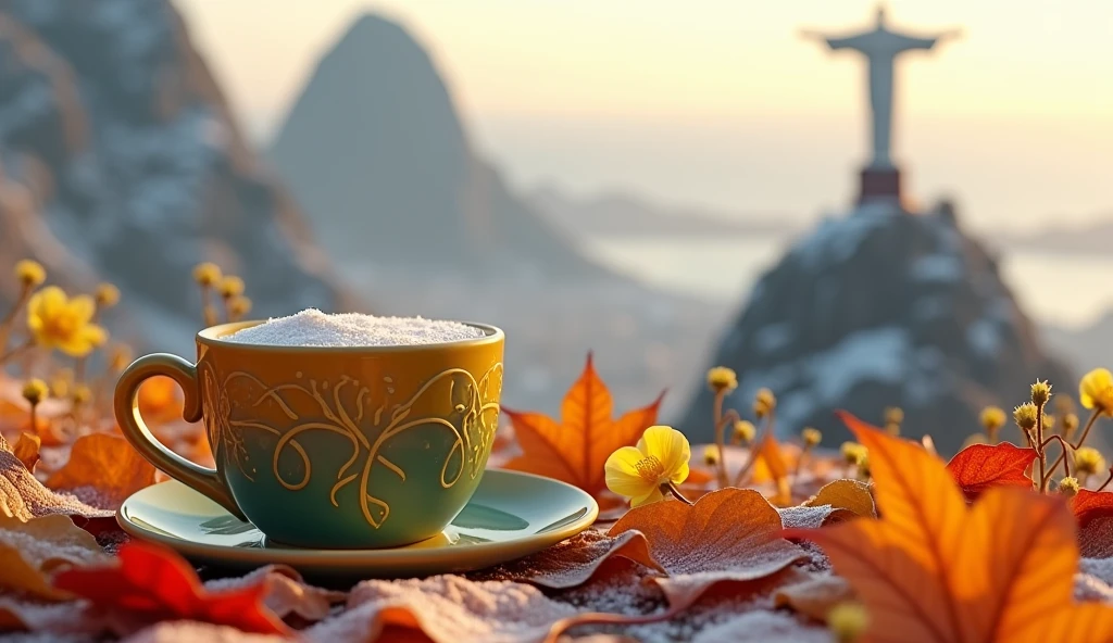 Create a realistic image of a small, yellow, green latte cup adorned with intricate Art Nouveau designs sits atop a bed of autumn leaves and yellow flowers scattered around. Rio de Janeiro covered in snow, near Christ the Redeemer, with a lot of snow