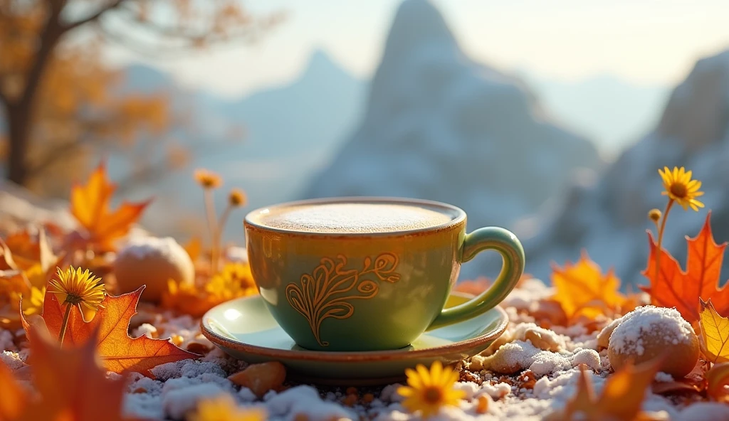 Create a realistic image of a small, yellow, green latte cup adorned with intricate Art Nouveau designs sits atop a bed of autumn leaves and yellow flowers scattered around. Rio de Janeiro covered in snow, near Christ the Redeemer, with a lot of snow