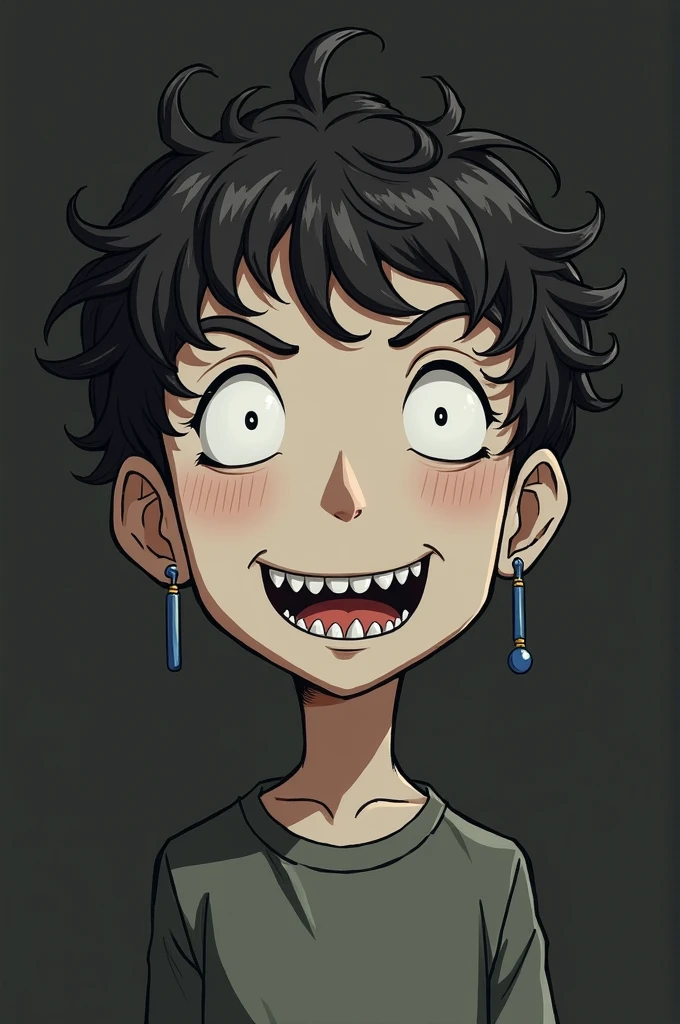 A character with just a head, white eyes, pointy teeth and curly hair with two earrings in one ear.