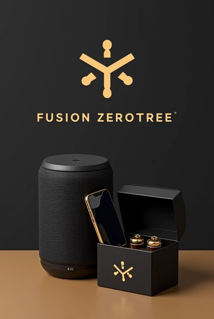 Logo for a store with the name Fusion Zerotreze, A speaker, a black and gold cell phone and earphones coming out of a gift box