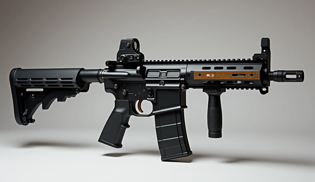 high quality photograph of a contemporary M4A1 carabine. Тюнингованое оружие. Цевьё бронзового цвета, модификация LVOA-C