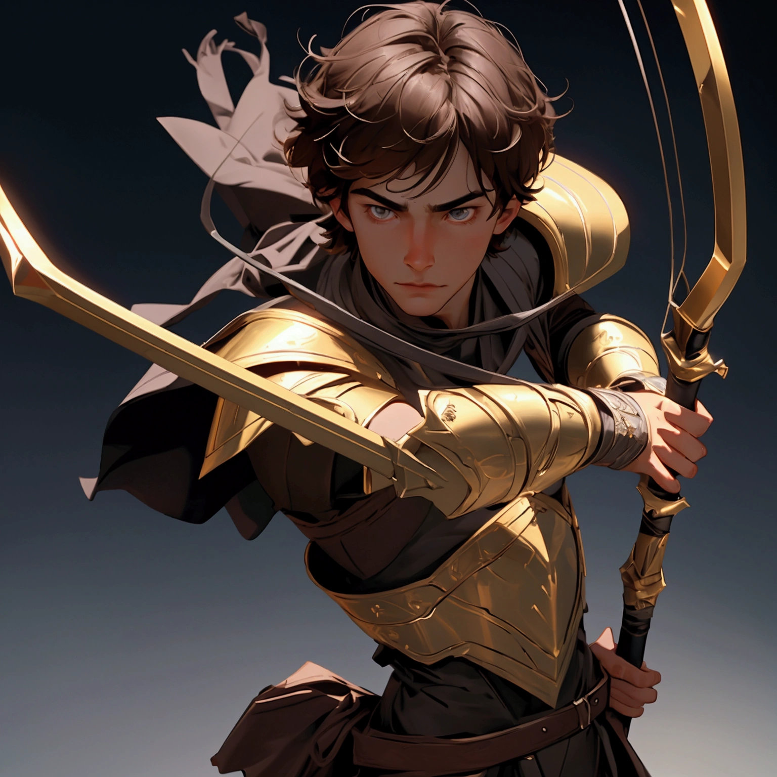 envision a 8k, highres, cinematic close up portrait of a boy with a slender body, no facial hair with shaggy brown hair, and dark eyes wearing Greek god armor with a quiver, wielding a bow against a dark gray background