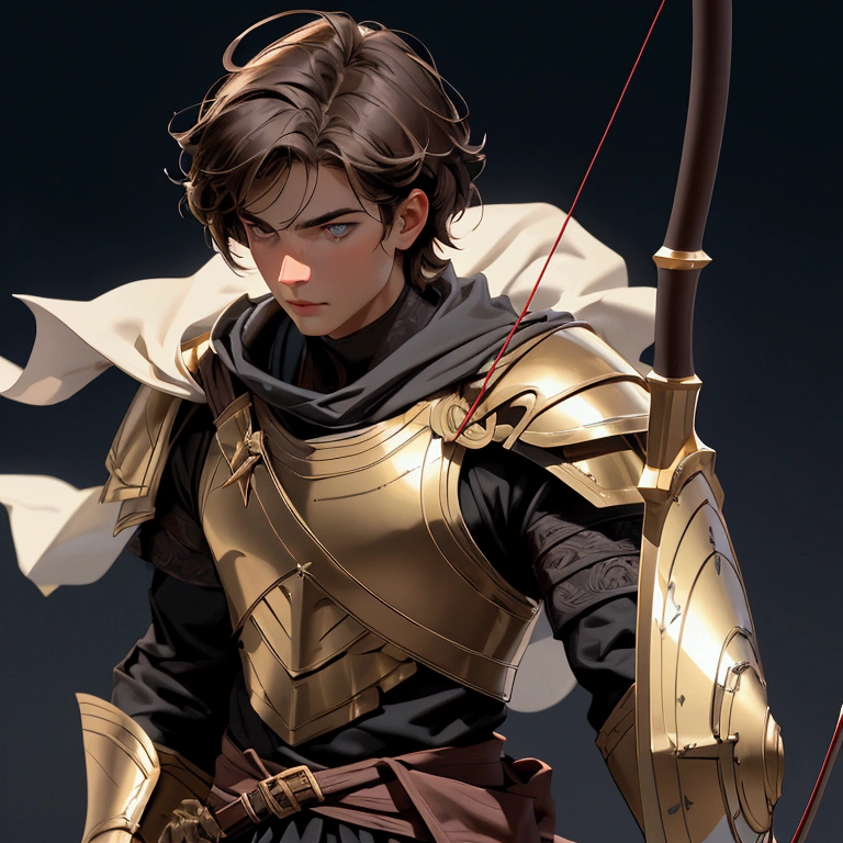 envision a 8k, highres, cinematic close up portrait of a boy with a slender body, no facial hair with shaggy brown hair, and dark eyes wearing Greek god armor with a quiver, wielding a bow against a dark gray background