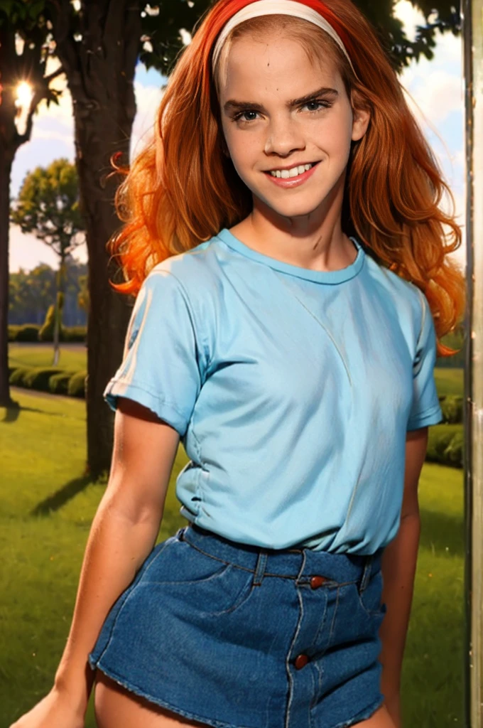 EmmaWatson, very puffy curly red hair, very tiny miniskirt, sky blue pantyhose, head band, smiling, sun shiny day