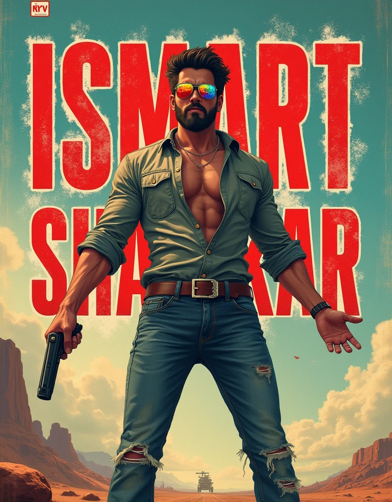 Create a anime style landscape long shoot image. Promotional anime poster. The layout features a central figure, a handsome man with a beard and reflection colour full sunglass, standing with arms outstretched and one hand holding pistol against a grungy, textured background. He has a fair skin tone and is dressed in a patterned shirt and distressed jeans. The title 'iSmart Shankar' is prominently displayed on the behind him in bold red and white text. The overall design has a rugged, edgy aesthetic. 