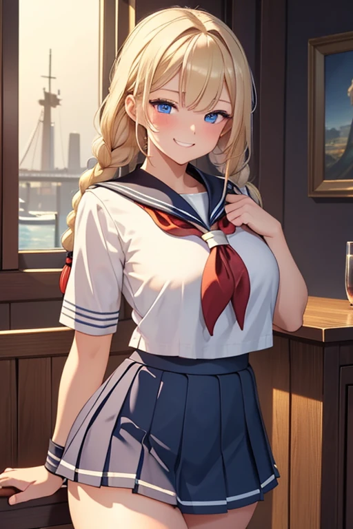 A beautiful blonde woman with three braids and deep red eyes, gazing condescendingly at the viewer with a cute grinning expression, extremely detailed, masterpiece quality, ultra-detailed, HDR, studio lighting, vivid colors, physically-based rendering, thick thighs, exective officer, (((wearing short skirt and sailor uniform)))