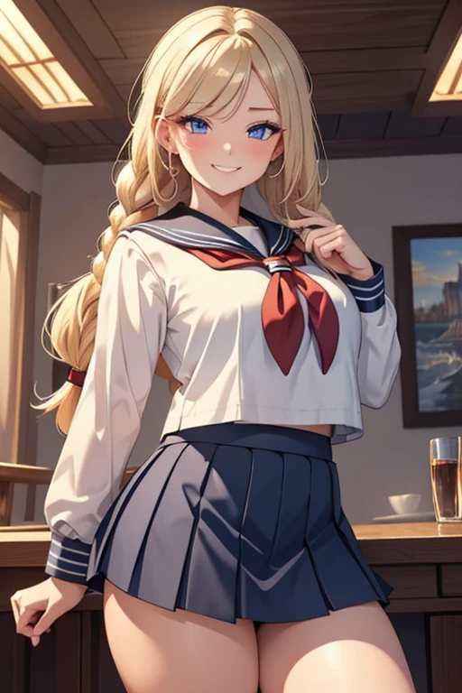 A beautiful blonde woman with three braids and deep red eyes, gazing condescendingly at the viewer with a cute grinning expression, extremely detailed, masterpiece quality, ultra-detailed, HDR, studio lighting, vivid colors, physically-based rendering, thick thighs, exective officer, (((wearing short skirt and sailor uniform)))