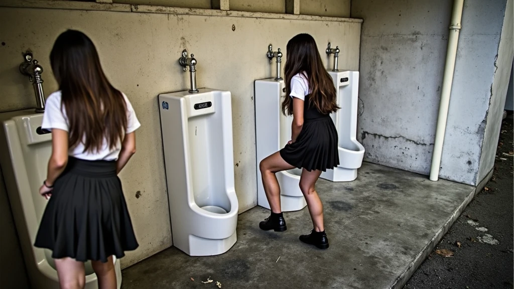 four girls facing away from each other in a public bathroom, both wearing school clothes consisting of a white t-shirt and a black skirt. They are positioned in front of white urinals fixed to the gray concrete wall. One of the girls on the left is standing looking at the urinal, while the girls on the right are standing with one leg raised, showing that she is trying to use the urinal in an unconventional way. The environment is simple and uncluttered, with a concrete floor and undecorated walls. The scene appears to be in an open-air or semi-open bathroom, due to the natural lighting coming from outside.