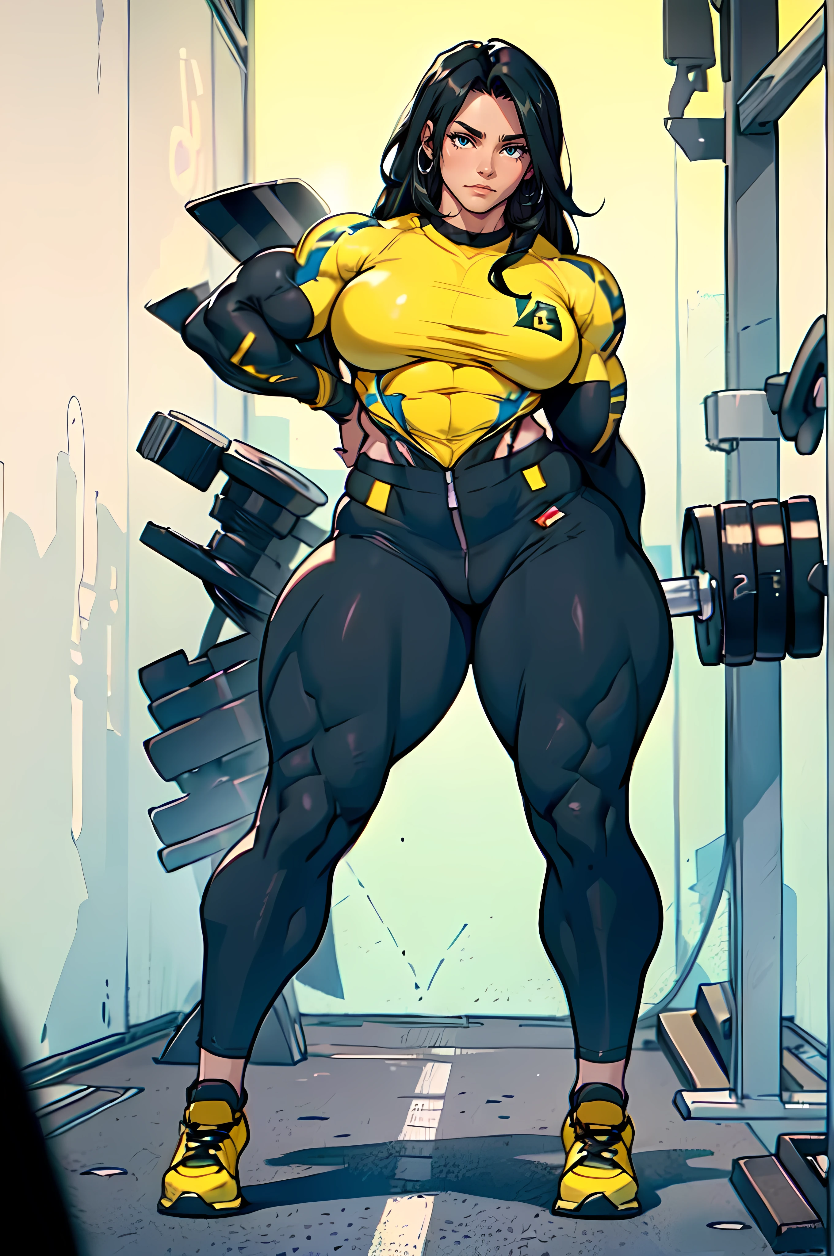 ((((Massive Female Bodybuilder 1girl)))) (((thick thighs toned body small breasts))) (pale skin) black hair yellow eyes very long hair ((full body)) tight shirt tight pants