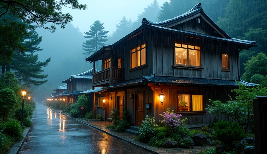 house on wet street with balcony overlooking outside in village, clear glass window, Shirakawa-go, Japan, rainy environment, (((FHD))) (((high definition))), green garden, trees, rainy day, lights, pine, night ambience, lights cozy in the rain, lush japanese landscape, japanese house, rain, fog, , ultra-fine photography, realistic, realistic, purple, red, yellow flowers