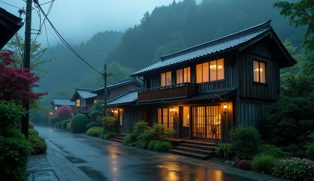 house on wet street with balcony overlooking outside in village, clear glass window, Shirakawa-go, Japan, rainy environment, (((FHD))) (((high definition))), green garden, trees, rainy day, lights, pine, night ambience, lights cozy in the rain, lush japanese landscape, japanese house, rain, fog, , ultra-fine photography, realistic, realistic, purple, red, yellow flowers