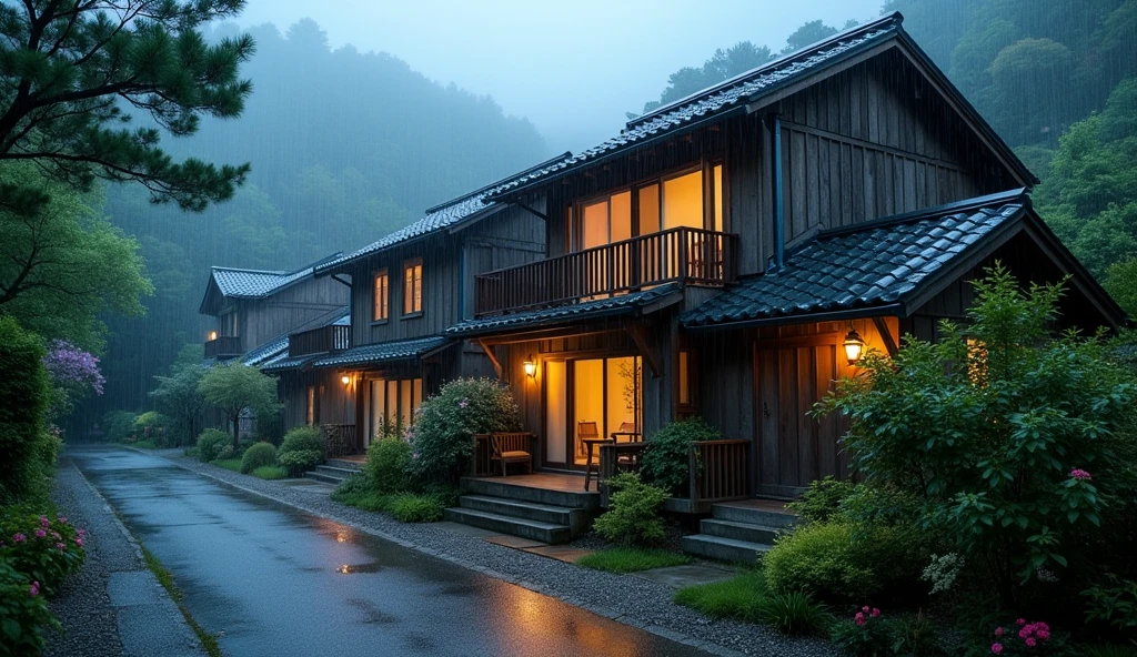 house on wet street with balcony overlooking outside in village, clear glass window, Shirakawa-go, Japan, rainy environment, (((FHD))) (((high definition))), green garden, trees, rainy day, lights, pine, night ambience, lights cozy in the rain, lush japanese landscape, japanese house, rain, fog, , ultra-fine photography, realistic, realistic, purple, red, yellow flowers