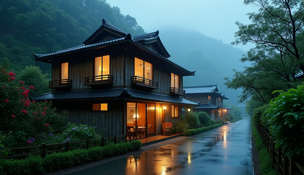  house on wet street with balcony overlooking outside in village, clear glass window, Shirakawa-go, Japan, rainy environment, (((FHD))) (((high definition))), green garden, trees, rainy day, lights, pine, night ambience,  lights cozy in the rain, lush japanese landscape, japanese house, rain, fog, , ultra-fine photography, realistic, realistic, purple, red, yellow flowers