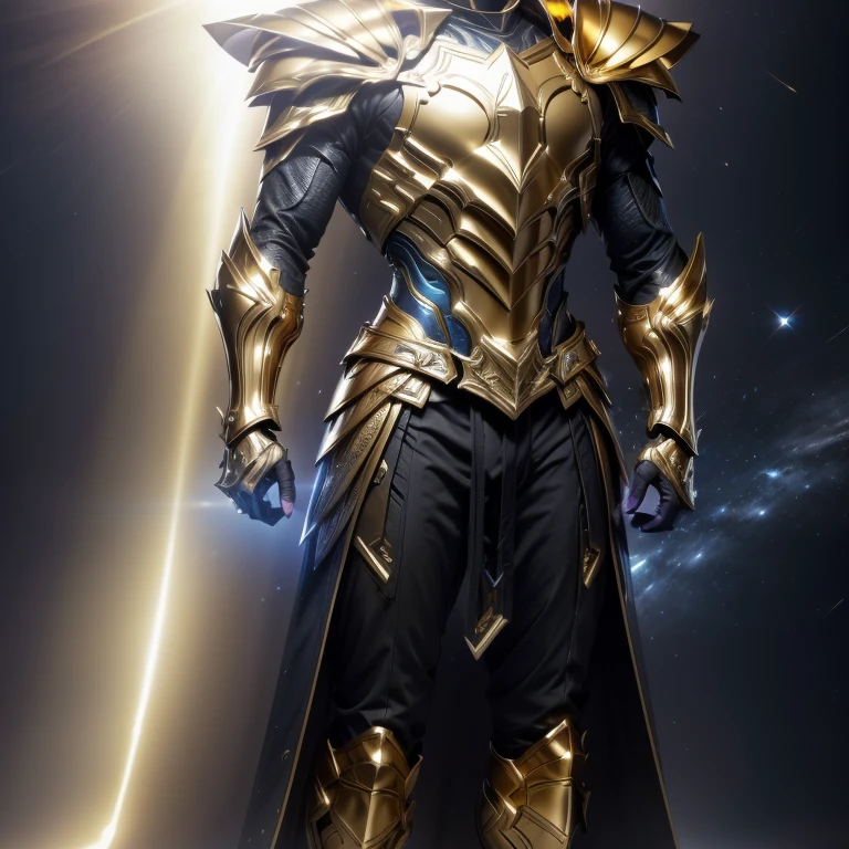 It's a man. The image presents a highly detailed and futuristic armor designed for a male warrior. The armor combines elements from different parts to create a cohesive and powerful look. Helmet: The helmet features a sleek, aerodynamic design with a golden metallic finish. It has a central crest that rises upwards, and the visor glows with a bright blue light, giving it a high-tech, futuristic appearance. Pauldrons (Shoulder Pads): The shoulder pads are designed to be close to the chest, with angular lines extending smoothly toward the shoulders. They have a polished golden finish and curve elegantly upward, creating a harmonious transition between the chest and shoulders, while providing a majestic and protective look. Chest Plate: The chest plate is intricately segmented, with a combination of gold and dark metallic blue. It has a gem-like crystal in the center that emits a soft, mystical glow. The design of the chest plate is both protective and regal, with sharp, angular lines that add to the overall futuristic aesthetic. Arm Guards: The arm guards are sleek and streamlined, with articulated golden and purple segments that offer flexibility and protection. The design of the gauntlets is both robust and elegant, incorporating futuristic elements that blend with the classic style. Leg Armor: The legs are armored with segmented plates that are primarily gold and purple. The boots are angular and sturdy, with a design that conveys both strength and agility. The overall look of the leg armor is grounded yet sleek, completing the ensemble with a powerful stance. The background of the image is a dark cosmic scene, filled with distant stars and nebulae that highlight the polished surfaces of the armor. Dynamic lighting is used to emphasize the key features, particularly the glowing visor and central chest gem, reinforcing the mystical and imposing nature of the warrior.