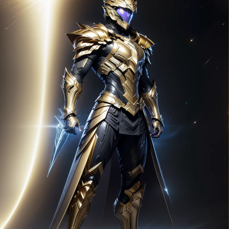 It's a man. The image presents a highly detailed and futuristic armor designed for a male warrior. The armor combines elements from different parts to create a cohesive and powerful look. Helmet: The helmet features a sleek, aerodynamic design with a golden metallic finish. It has a central crest that rises upwards, and the visor glows with a bright blue light, giving it a high-tech, futuristic appearance. Pauldrons (Shoulder Pads): The shoulder pads are designed to be close to the chest, with angular lines extending smoothly toward the shoulders. They have a polished golden finish and curve elegantly upward, creating a harmonious transition between the chest and shoulders, while providing a majestic and protective look. Chest Plate: The chest plate is intricately segmented, with a combination of gold and dark metallic blue. It has a gem-like crystal in the center that emits a soft, mystical glow. The design of the chest plate is both protective and regal, with sharp, angular lines that add to the overall futuristic aesthetic. Arm Guards: The arm guards are sleek and streamlined, with articulated golden and purple segments that offer flexibility and protection. The design of the gauntlets is both robust and elegant, incorporating futuristic elements that blend with the classic style. Leg Armor: The legs are armored with segmented plates that are primarily gold and purple. The boots are angular and sturdy, with a design that conveys both strength and agility. The overall look of the leg armor is grounded yet sleek, completing the ensemble with a powerful stance. The background of the image is a dark cosmic scene, filled with distant stars and nebulae that highlight the polished surfaces of the armor. Dynamic lighting is used to emphasize the key features, particularly the glowing visor and central chest gem, reinforcing the mystical and imposing nature of the warrior.