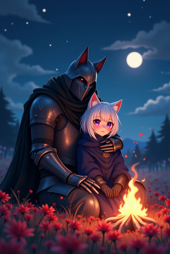 A knight in dark medieval adventurer wolf armor, the knight also wears a dark medieval wolf helmet which covers his entire face., He is tall and in a field of red flowers as he sits in front of his campfire in the middle of the light of the stars and the moon next to his beloved anime wife Neko cat sitting next to him with white hair and bright purple eyes who is wearing a dark and fluffy medieval cloak as clothing while the knight caresses his head with one of his hands (make them both face the camera so I can see the knight from the front)
((Make image with anime art style))