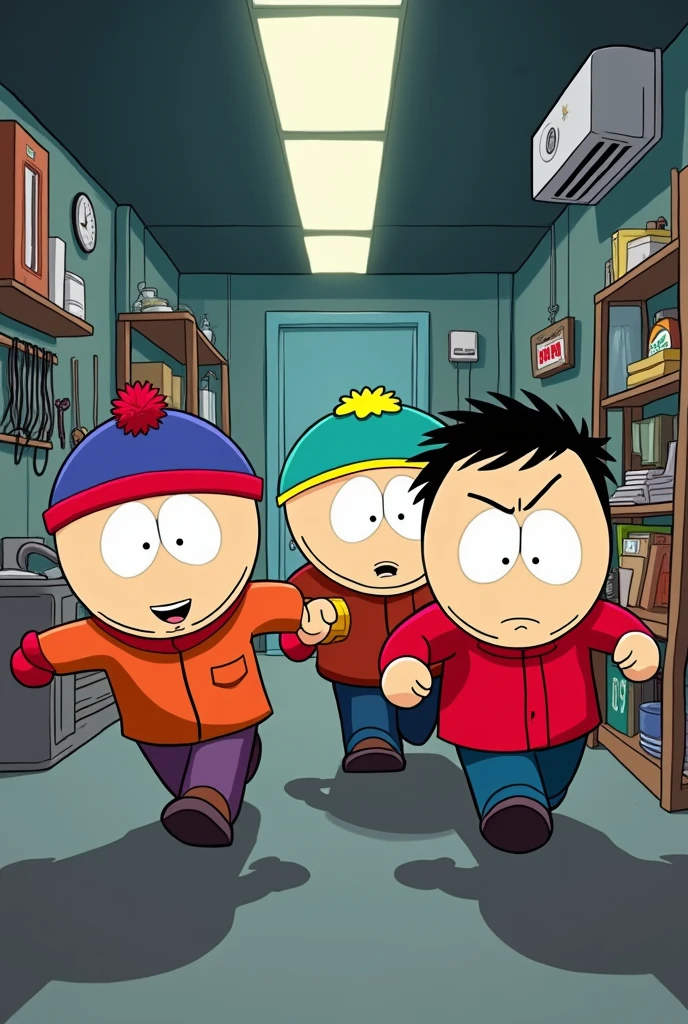 Make a drawing of the South Park series in which the characters are running in an air conditioning repair workshop