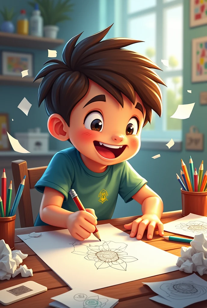 Please can you make me a cartoon of a boy who is drawing with enthusiasm, with papers scattered on the table. His face shows joy