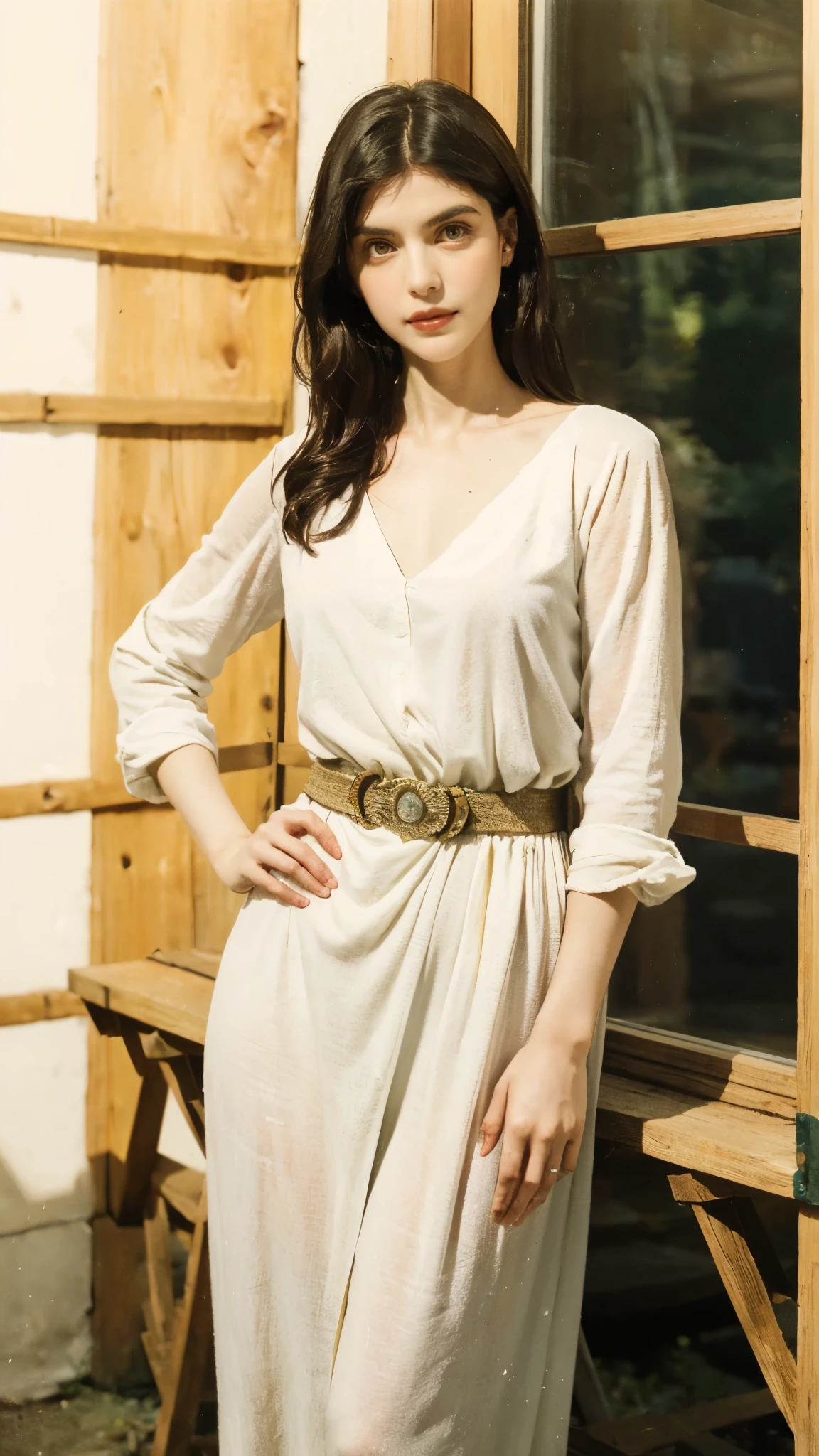 (masterpiece:1.2, best quality:1.2, extremely delicate:1.2), ((Alexandra Daddario:1.2)), a ager girl with long deep red wavy hair, slender upturned eyebrows, sharp eyes, delicate features, ((a mix of Central Asian and European facial characteristics)), a hint of a smile at the corner of her mouth, exuding confidence, her figure is svelte, ((a fantasy-style long dress designed for both ease of movement and regal elegance, loose and comfortable trousers that match the outfit for ease of movement, red and white as the main color, complemented by yellow accents)), proudly standing with hands on hips, the scene is set in a majestic fantasy-style ancient city that melds Chinese and Japanese architectural influences, this character embodies a finely crafted fantasy-style female villain, exquisite photography, Photo realism, photorealistic, goddess, pale skin, perfect skin, textured skin, detailed skin, porcelain skin, dramatic, high definition, highres, ultra-detailed, ultra-fine painting, professional, perfect body proportions, golden ratio, anatomically correct, symmetrical face, perfect eyes, extremely detailed eyes and face, high quality eyes, creativity, RAW photo, UHD, 32k, Natural light, cinematic lighting, (masterpiece-anatomy-perfect:1.2)